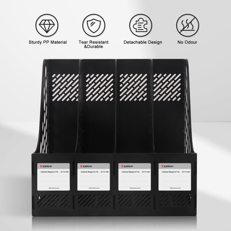 Comix Magazine File Holder Rack/Vertical Desktop File Organizer - Plastic Desk Organizer for Files, Folders, Books - 4 Compartment Binder Organizer - Black - Image 4